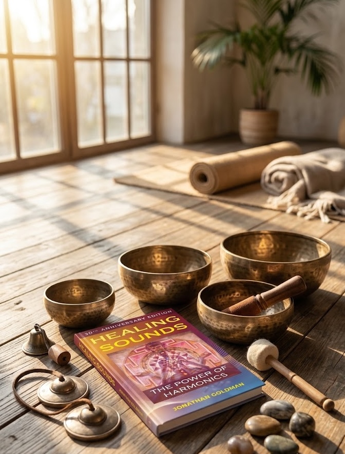 Singing bowls, bells, mallets, river stones, and a sound-healing book in warm morning light