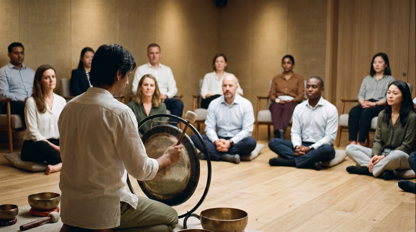Devesh Narwal facilitating a corporate sound-healing session with a gong for a diverse professional group