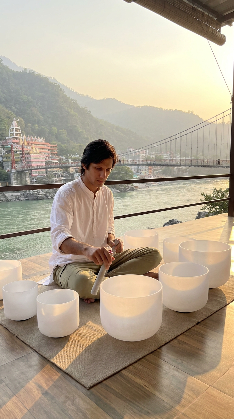 Devesh seated among crystal singing bowls at sunset above the Ganges in Rishikesh