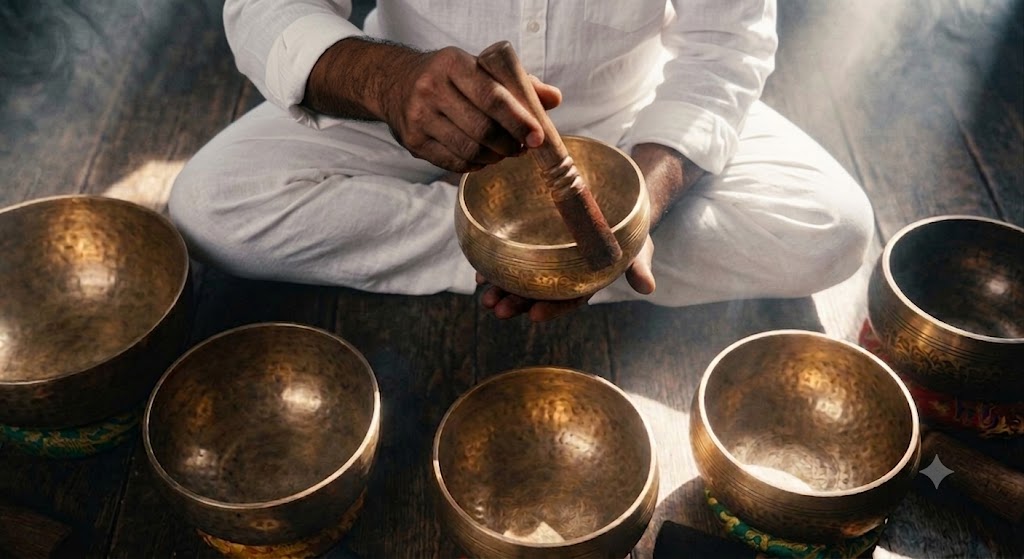 Close view of hands, a wooden mallet, and engraved bronze singing bowls in warm light