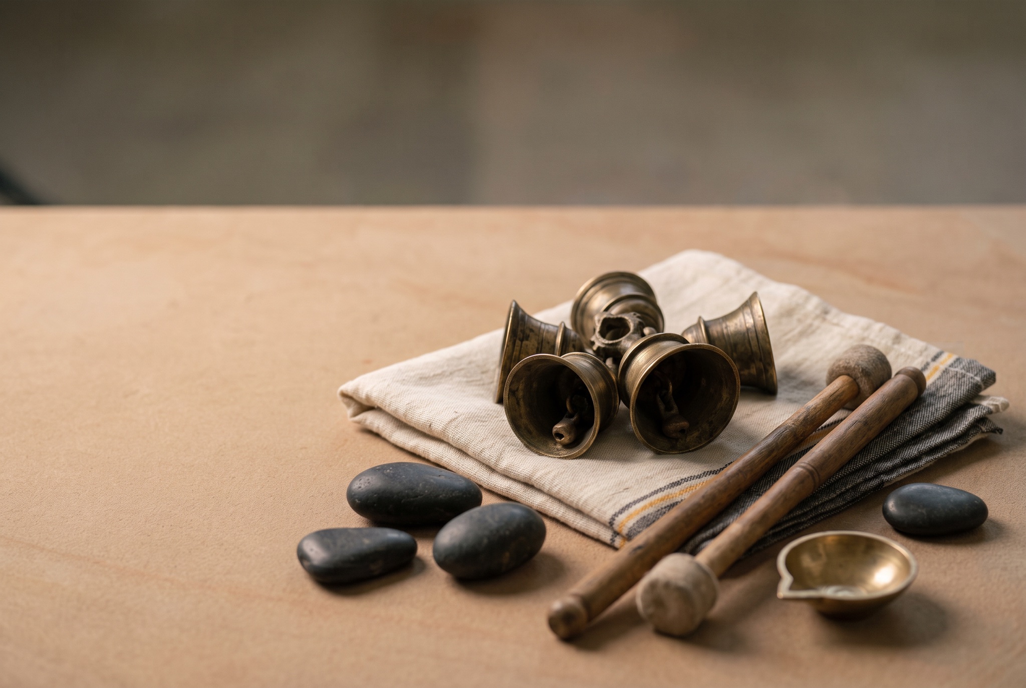 Brass bells, wooden mallets, woven cotton, and river stones arranged with quiet restraint